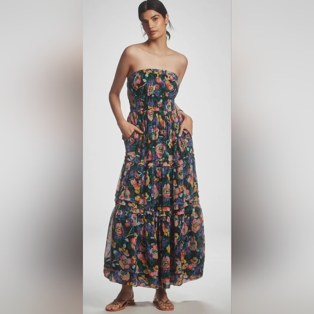 Anthropologie Strapless Floral Maxi Dress in Black with Multicolor Print